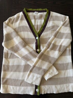 KULE Knit Button-Front Cardigan Sweater - Cream with Olive & Brown Trim